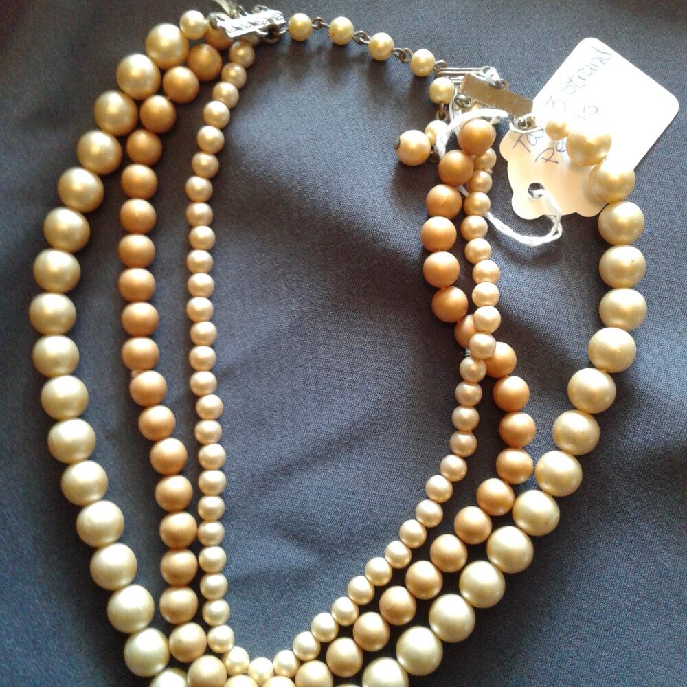 Vintage  Necklace 3 Strand Two Tone No Markings